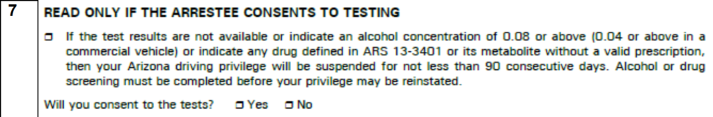 A screenshot of sections 7 on the admin per se/implied consent affidavit.