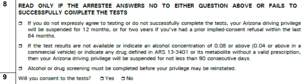 A screenshot of sections 8 on the admin per se/implied consent affidavit.