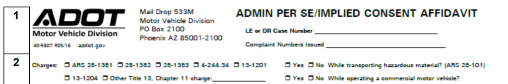 A screenshot of sections 1 and 2 on the admin per se/implied consent affidavit.